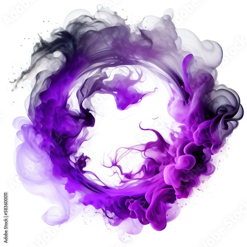 Purple swirling smoke circle frame isolated on white background. Violet color abstract vapour. Ai generated circle frame design.