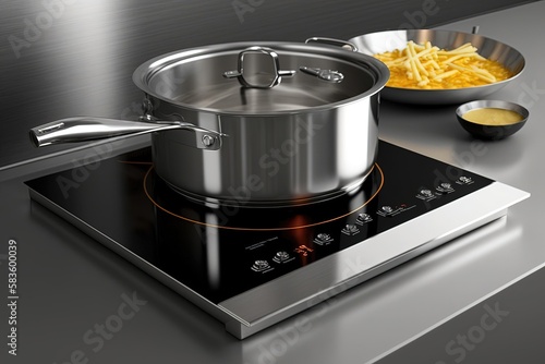 Stovetop with a frying pan and a saucepan. The frying pan may have food cooking in it, such as eggs or vegetables, and the saucepan may contain liquid. Generative AI