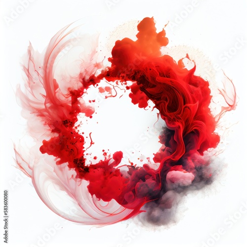 Red and black swirling smoke circle frame isolated on white background. Red color abstract vapour . Ai generated circle frame design.