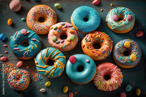 A colorful array of donuts arranged in a grid or pattern, highlighting the diverse shapes, colors, and flavors of these popular treats. Generative AI © Svitlana