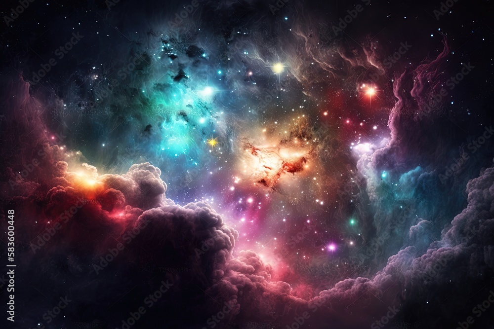 Fototapeta premium Two galaxies floating in the starry expanse of space, depicted in vivid and brilliant colors. Generative AI