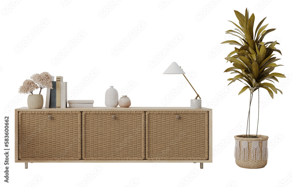 Rattan wood cabinet in boho style with plant - obrazy, fototapety, plakaty 