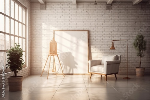 Interior of a living room made of white bricks with a leather sofa and armchair  a coffee table  and an easel holding a canvas that is not yet painted. simulated toned image. Generative AI