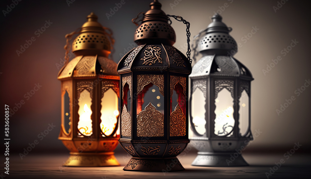 Candle light lids on muslim style's lantern shining on the dark, use as greeting on ramadan kareem mubarak, Generative Ai Candle light lids on muslim style's lantern shining on the dark, use as greeting on ramadan kareem mubarak, Generative Ai