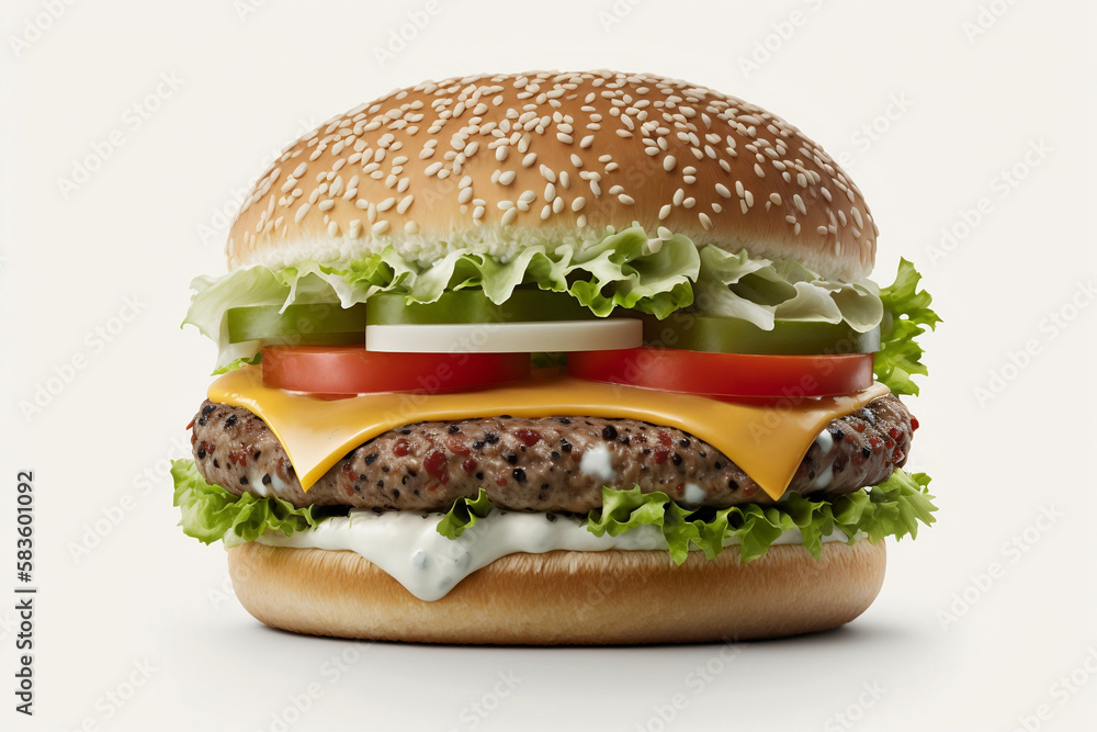 Classic cheeseburger with beef patty, pickles, cheese, tomato, onion, lettuce, and ketchup mustard isolated on background Classic cheeseburger with beef patty, pickles, cheese, tomato, onion, lettuce, and ketchup mustard isolated on background