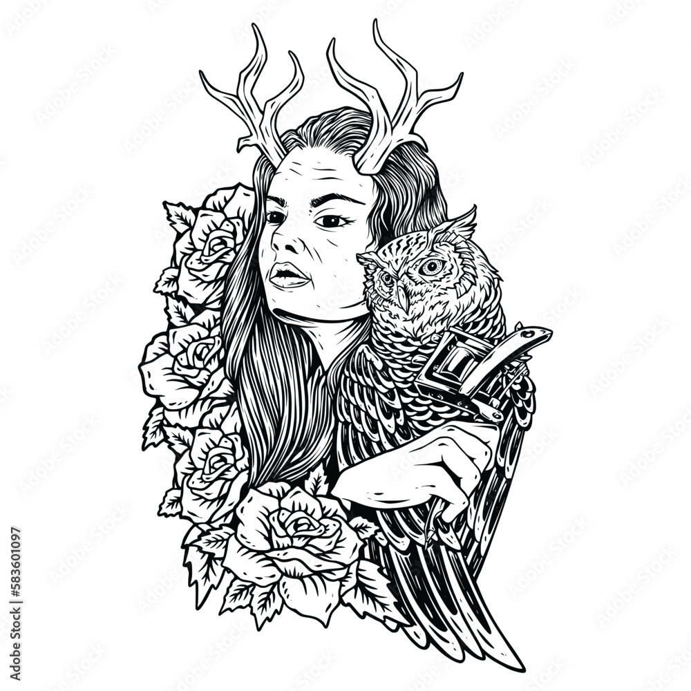 sketch design of woman holding tattoo machine with owl and rose flower sketch design of woman holding tattoo machine with owl and rose flower