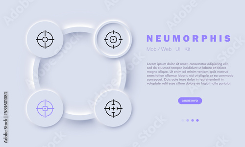 Target set icon. Shooting, job hunting, weapons, war, aiming, target audience. Contextual advertising. Neomorphism style. Vector line icon for Business and Advertising