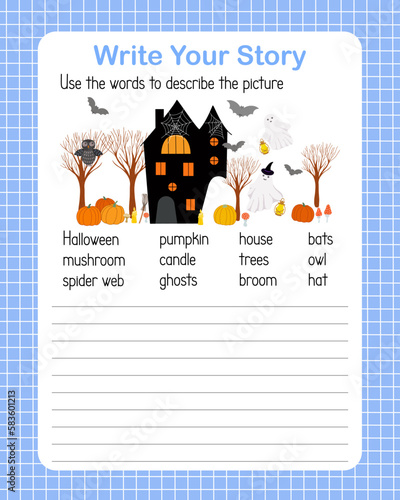 Write a story the English language grammar elementary level for kids, learning concept vector illustration, educational worksheet describe a picture using topical vocabulary words Halloween holiday