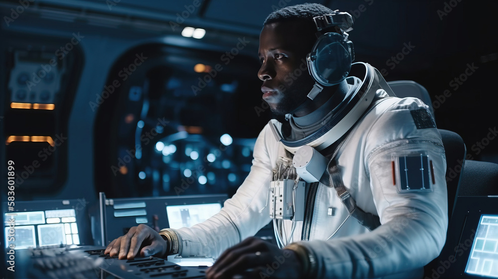 Naklejka premium Astronaut in spaceship interior, control panel. generative AI