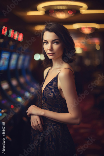 Young girl playing casino slots. generative AI © ReisMedia