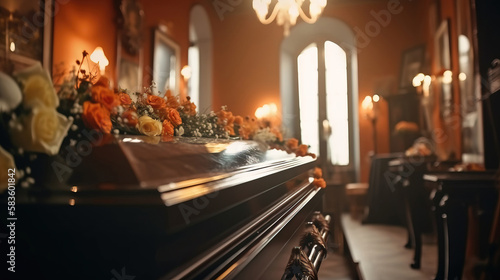 Funeral ceremony. Scene with a coffin in a church. generative AI