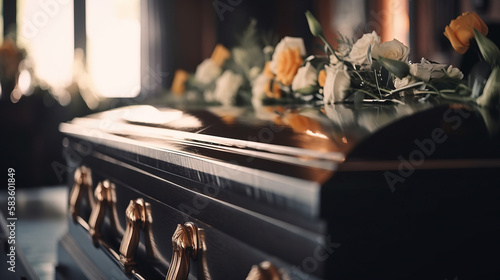 Funeral ceremony. Scene with a coffin in a church. generative AI