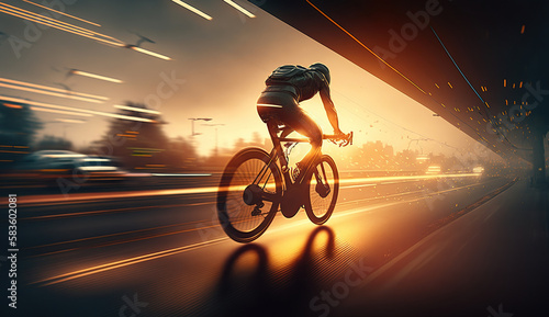 Movement of cyclist in motion on sunset, people ride on bycycle, Generative Ai