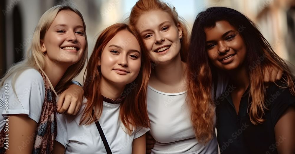 Fototapeta premium Group of female friends of all ethnicities, friendship concept