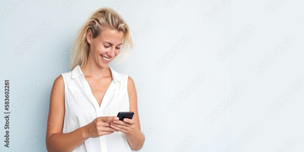 Jeune femme blonde en t-shirt blanc en train de consulter son smartphone, image avec espace pour du texte, fond neutre Jeune femme blonde en t-shirt blanc en train de consulter son smartphone, image avec espace pour du texte, fond neutre