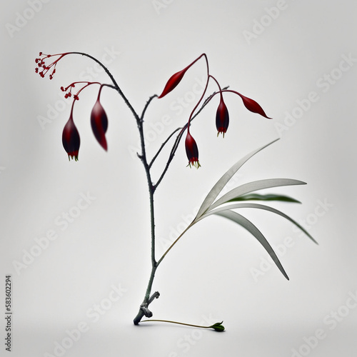 Crimson Snowdrop with branches, ikebana art, ikebana minimalism, japanese aesthetic - Generative AI