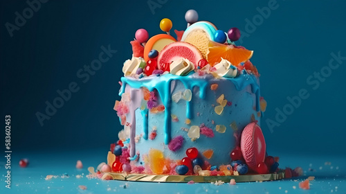 Colorful Birthday Cake over Blue background