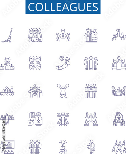 Colleagues line icons signs set. Design collection of Colleagues, Peers, Workmates, Associates, Comrades, Partners, Coworkers, Friends outline concept vector illustrations