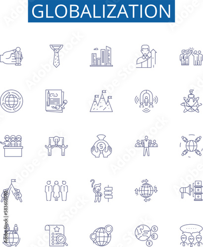 Globalization line icons signs set. Design collection of Internationalization, Integration, Liberalization, Convergence, Multinationals, Free Trade, Interdependence, Mobility outline concept vector