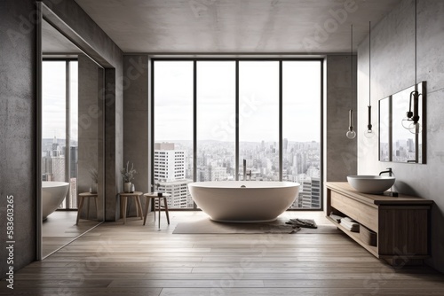 Interior of a contemporary  elegant bathroom with wooden floors  mock up location on concrete wall  window with city view  and daylight. design and idea of a hotel. Generative AI