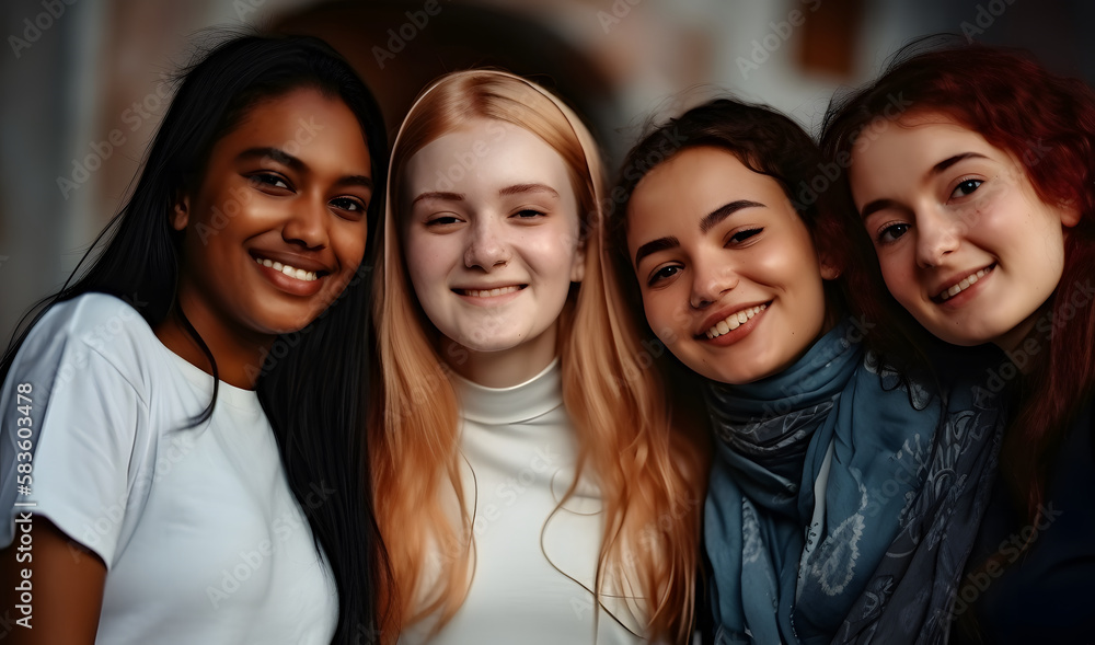 Group of female friends of all ethnicities, friendship concept Group of female friends of all ethnicities, friendship concept