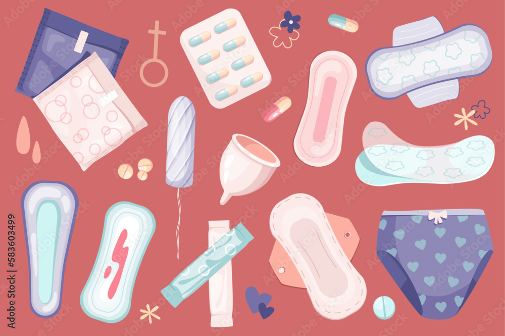 Women period set graphic elements in flat design. Bundle of tampons and pads, tablets, menstrual cup, female panty, and other gynecological hygiene products. Vector illustration isolated objects