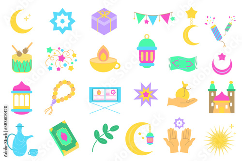 Ramadan set graphic elements in flat design. Bundle of crescent, star, garland, fireworks, drum, lantern, oil lamp, carpet, rosary, koran book, gift and other. Vector illustration isolated objects