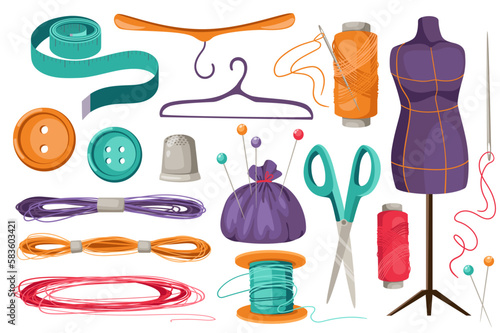 Sewing tools set graphic elements in flat design. Bundle of measuring tape, hangers, spool thread, needles, mannequin, buttons, thimble, pins, scissors and other. Vector illustration isolated objects