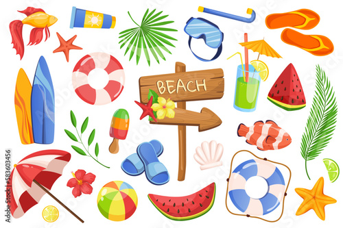 Summer time set graphic elements in flat design. Bundle of beach pointer, tropical leaf, flowers, sunscreen, starfish, lifebuoy, ice cream, surfboard and other. Vector illustration isolated objects