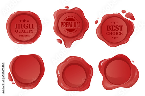 Wax seal set graphic elements in flat design. Bundle of red round shapes decorative seals with empty space or inscriptions, postage and mail sealing stamps. Vector illustration isolated objects