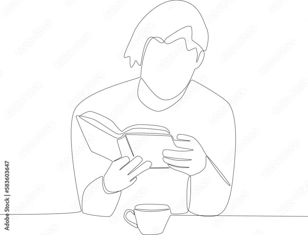 A man reading a book in a coffee shop. Coffee shop activity one line drawing A man reading a book in a coffee shop. Coffee shop activity one line drawing