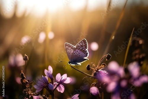 A Beautiful purple butterfly and wild violet flowers, the beauty of nature in the spring and summer months.
