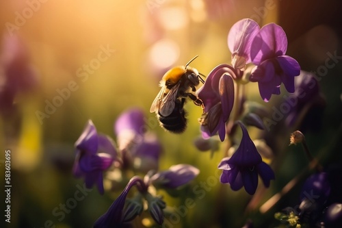 Bumblebee on wild violet flowers is a beautiful representation of the beauty of nature in the spring and summer months.