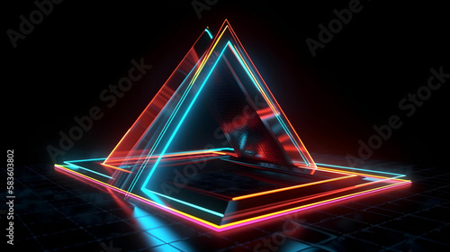 abstract geometric background with neon triangle. Laser linear shape glowing in the dark 
