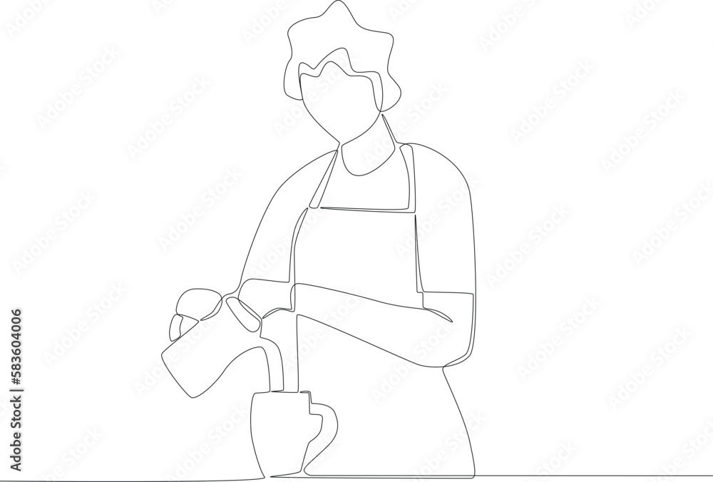 A barista brewing coffee. Coffee shop activity one line drawing