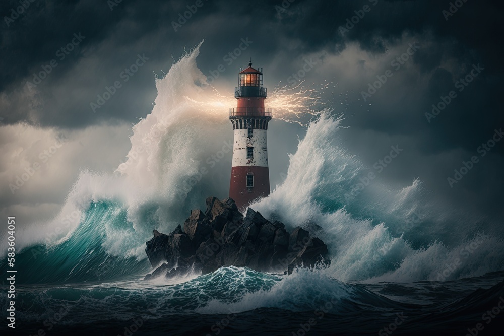 a photograph of lighthouse beside high wave storm Generative AI 3
