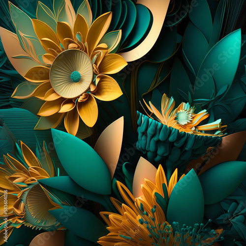 Teal and goldenfantasy flower Illustration for prints, wall art, cover and invitation.