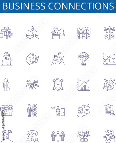 Business connections line icons signs set. Design collection of Networking, Linkages, Partnerships, Alliances, Relationships, Collaborations, Contacts, Connections outline concept vector illustrations