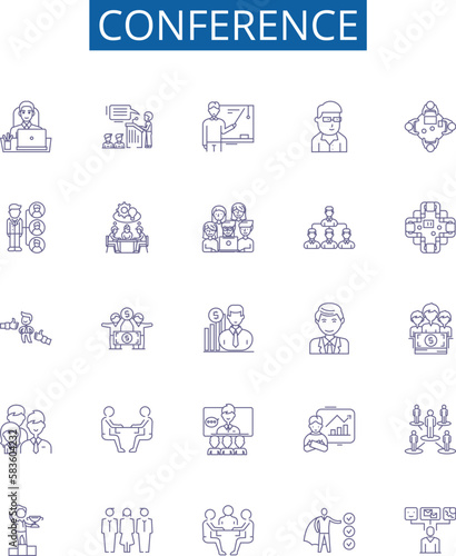 Conference line icons signs set. Design collection of Conclave, Forum, Summit, Dialogue, Symposium, Assembly, Rally, Caucus outline concept vector illustrations
