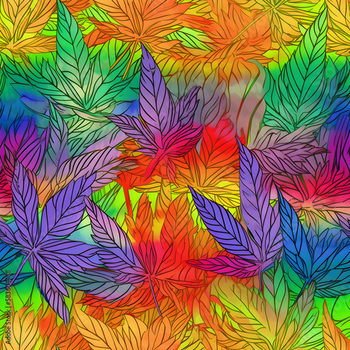 Medical cannabis pattern, colorful cannabis leaves on rainbow background, marijuana plant, generative AI.