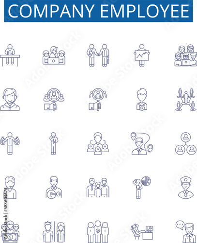 Company employee line icons signs set. Design collection of Staff, Co worker, Personnel, Colleague, Associate, Employer, Hire, Supervisor outline concept vector illustrations