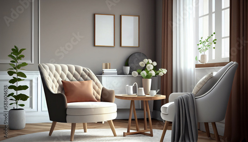 Modern interior design armchair sofa in living room with near windows and mock up poster frame in wall at home, Neutral living room, empty nobody, 3D render by Generative AI © sorapop