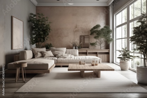 Old style living room with sofa, lounge, potted plants, carpet, side tables, vases, and architecture interior design above wooden table top or shelf with modern minimalist vases,. Generative AI