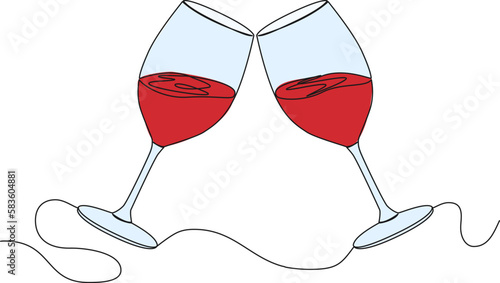 continuous single line drawing of clinking wine glasses with red wine, toast line art vector illustration