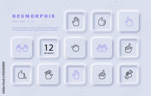 Gestures set icon. Greeting, thumb up, click, index finger, fist, up, open, hand, palm. Arm concept. Neomorphism style. Vector line icon for Business and Advertising