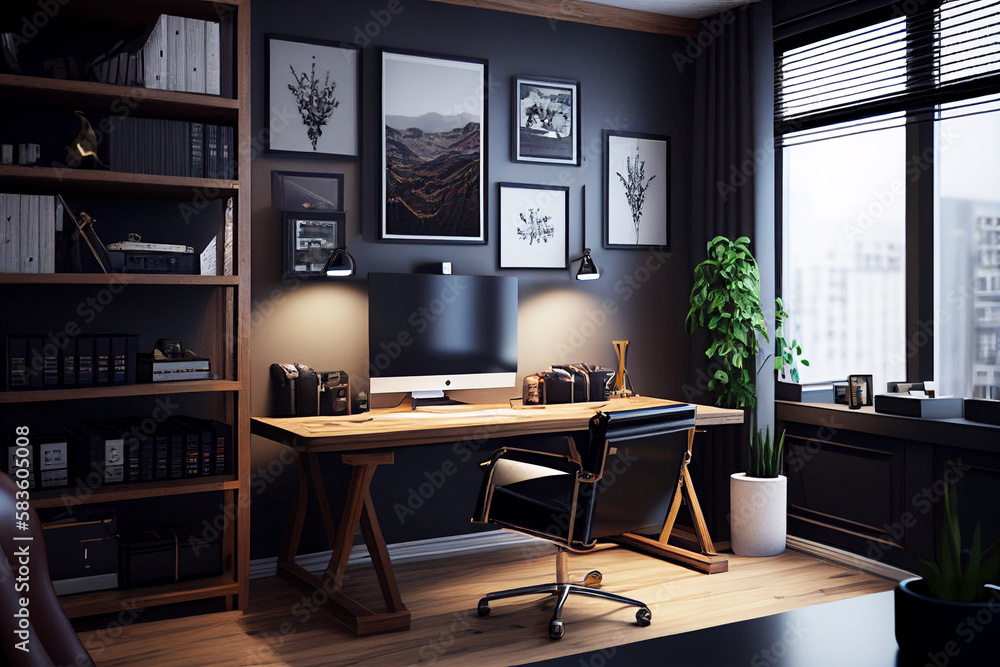 Modern business office with computers, desks and chairs. Co working places. Large windows. Paintings. Plants. Vegetation Modern business office with computers, desks and chairs. Co working places. Large windows. Paintings. Plants. Vegetation