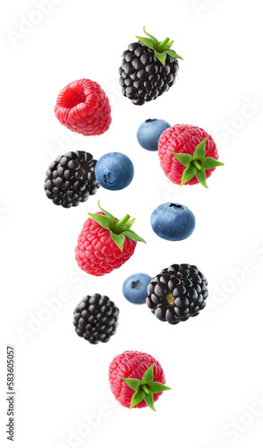 Various falling fresh ripe wild berries isolated on white background. Raspberry, blackberry and blueberry.