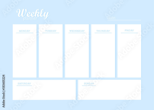 Template of personal plans for the week, weekly planner Trendy pastel blue cute colors minimalist design.	
