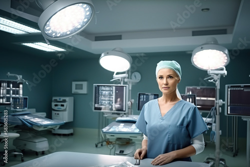 wide-angle view of a cheerful female surgeon in a spotless surgical suite. Generative AI