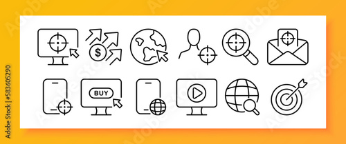 Aim set icon. Sale of goods, target audience, income, business, online store, world. Contextual advertising. Glassmorphism style. Vector line icon for Business and Advertising